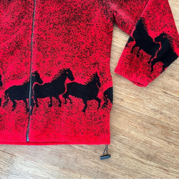 Vintage Coastlines Canada Horse Print Fleece Jacket - Red & Black - Medium - Picture 3 of 5